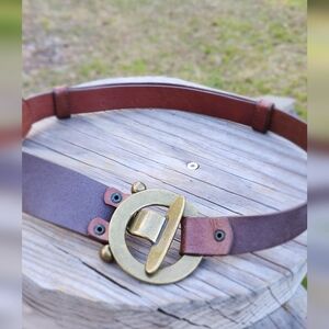Women's Brown Leather Belt with Brass Circle Toggle Buckle
